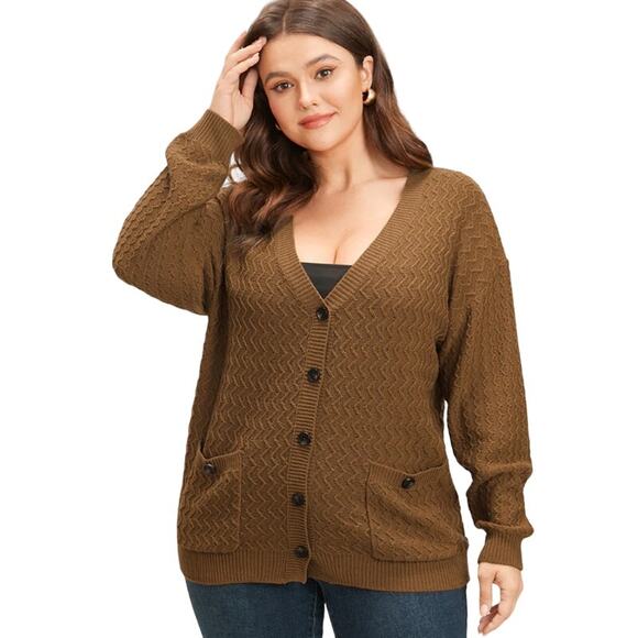 BloomChic Plain Pointelle Knit Geometric Crochet Pocket Button Front Cardigan 2X - Picture 1 of 7